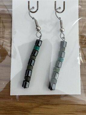 Handmade Black and Green Beaded Drop Earrings